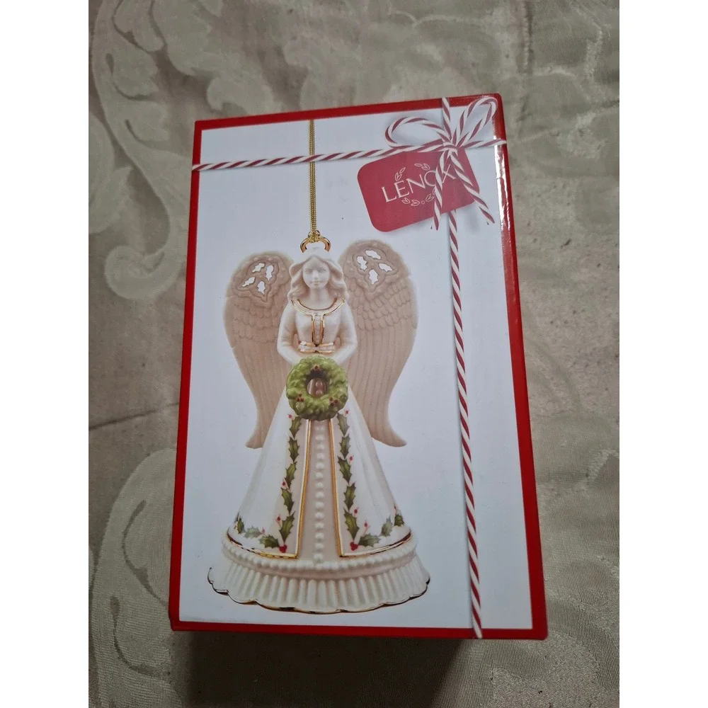 Lenox Holiday Angel Bell Ornament 6in Ivory Porcelain Holly Wreath 879206